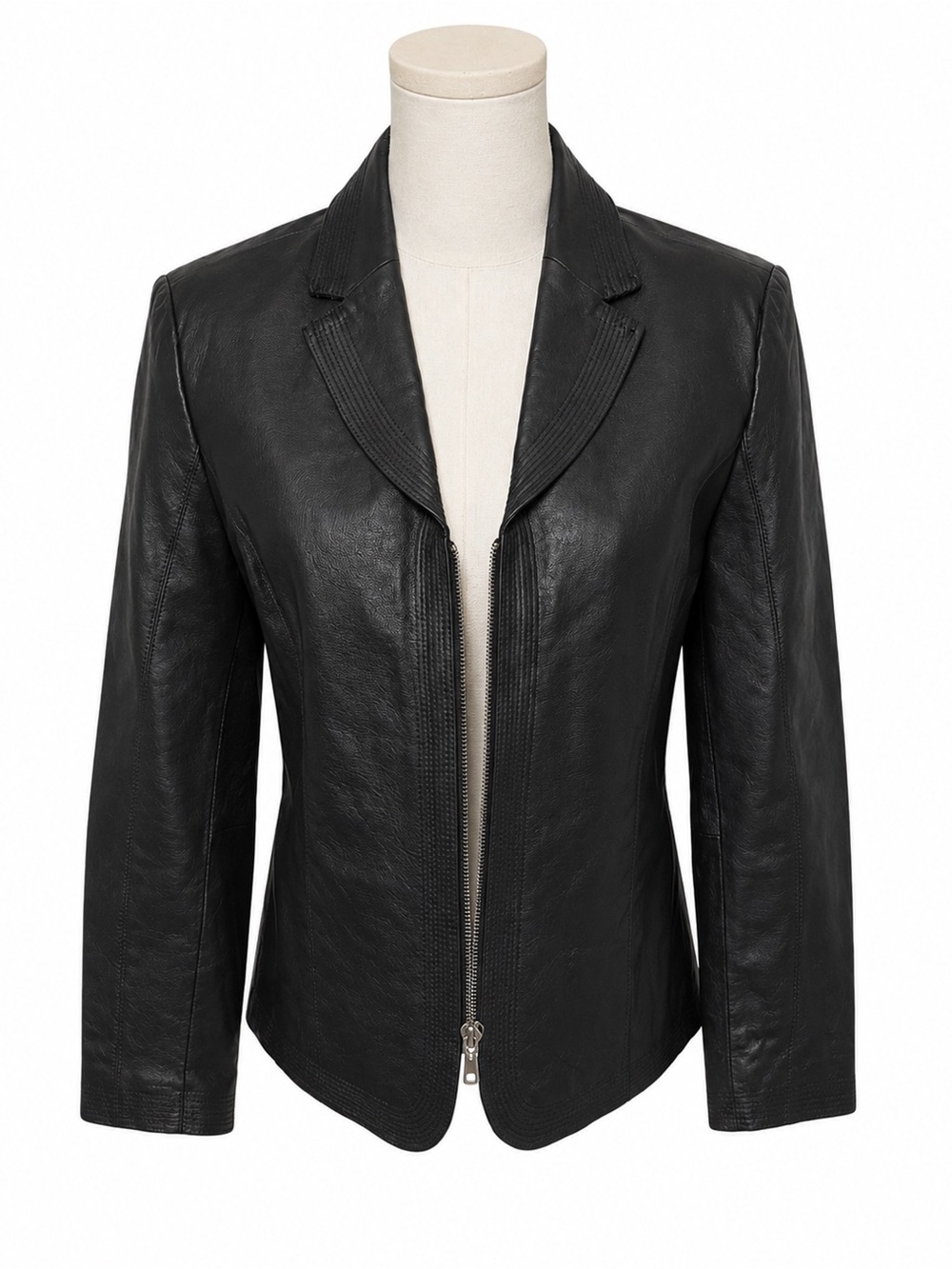 Kim Rogers Black Leather Zip-Front Bomber Jacket